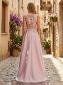 Satin Crew Neck A Line Long Mother of the Bride Dresses with Flower