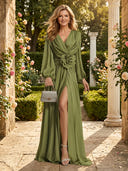 Chiffon V Neck A Line Long Mother of the Bride Dresses with Flower
