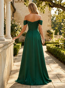 Satin Off Shoulder A Line Long Mother of the Bride Dresses with Slit