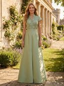 Satin V Neck A Line Long Mother of the Bride Dresses with Lace