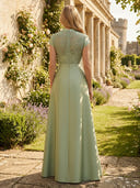 Satin V Neck A Line Long Mother of the Bride Dresses with Lace