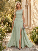 Lace Crew Neck A Line Long Mother of the Bride Dresses
