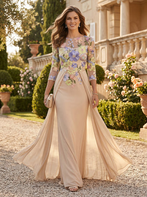 Chiffon Crew Neck Mermaid Long Mother of the Bride Dresses with Flower