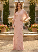 Chiffon V Neck Mermaid Long Mother of the Bride Dresses with Tiered