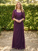 Chiffon Crew Neck Mermaid Long Mother of the Bride Dresses with Lace