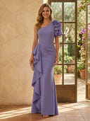 Satin One Shoulder Mermaid Long Mother of the Bride Dresses with Flower
