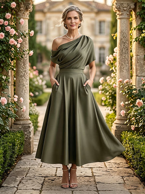 One Shoulder A Line Ankle Length Mother of the Bride Dresses with Pockets