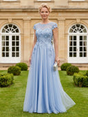 A Line Round Neck Short Sleeves Long Mother of the Bride Dresses