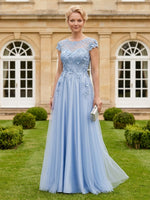 A Line Round Neck Short Sleeves Long Mother of the Bride Dresses