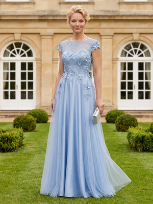 A Line Round Neck Short Sleeves Long Mother of the Bride Dresses