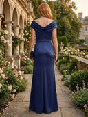 Mermaid Boat Neck Short Sleeves Long Mother of the Bride Dresses with Slit