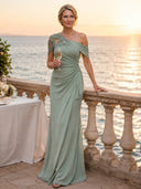 Mermaid One Shoulder Short Sleeves Long Mother of the Bride Dresses