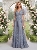 A Line V Neck Short Sleeves Long Mother of the Bride Dresses