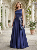 Satin A Line Boat Neck Sleeveless Long Mother of the Bride Dresses