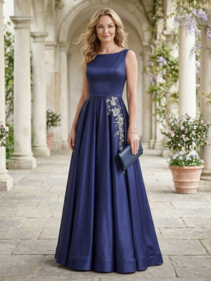 Satin A Line Boat Neck Sleeveless Long Mother of the Bride Dresses