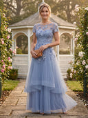 Tulle A Line Round Neck Short Sleeves Long Mother of the Bride Dresses