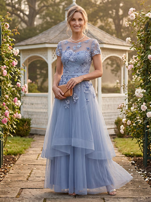 Tulle A Line Round Neck Short Sleeves Long Mother of the Bride Dresses