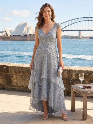 A Line Deep V Neck Short Sleeves High Low Mother of the Bride Dresses