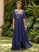 A Line V Neck Short Sleeves High Low Mother of the Bride Dresses