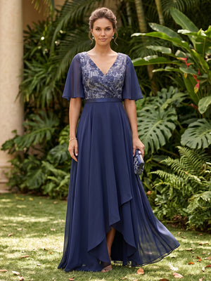 A Line V Neck Short Sleeves High Low Mother of the Bride Dresses