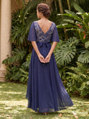 A Line V Neck Short Sleeves High Low Mother of the Bride Dresses