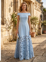 Satin A Line Off the Shoulder Sleeveless Long Lace Mother of the Bride Dresses