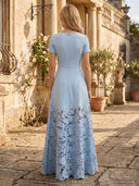 Satin A Line Square Neck Short Sleeves Long Lace Mother of the Bride Dresses