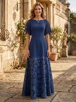 A Line Boat Neck Chiffon Short Sleeves Long Lace Mother of the Bride Dresses