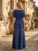 A Line Boat Neck Chiffon Short Sleeves Long Lace Mother of the Bride Dresses