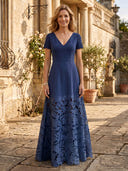 Chiffon A Line V Neck Short Sleeves Long Lace Mother of the Bride Dresses