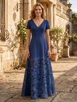 Chiffon A Line V Neck Short Sleeves Long Lace Mother of the Bride Dresses
