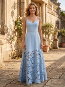 A Line Satin V Neck Sleeveless Long Lace Mother of the Bride Dresses