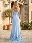 A Line Satin V Neck Sleeveless Long Lace Mother of the Bride Dresses