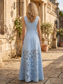 V Neck A Line Satin Sleeveless Long Lace Mother of the Bride Dresses