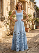 A Line Square Neck Satin Sleeveless Long Lace Mother of the Bride Dresses