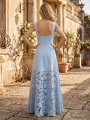 A Line Square Neck Satin Sleeveless Long Lace Mother of the Bride Dresses