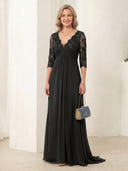 Chiffon V Neck A Line 3/4 Sleeves Long Mother of the Bride Dresses