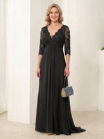 Chiffon V Neck A Line 3/4 Sleeves Long Mother of the Bride Dresses