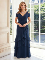 Chiffon V Neck A Line Short Sleeves Long Mother of the Bride Dresses