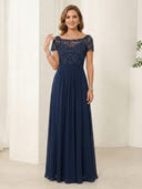 Chiffon A Line Boat Neck Short Sleeves Long Mother of the Bride Dresses