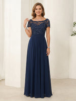 Chiffon A Line Boat Neck Short Sleeves Long Mother of the Bride Dresses