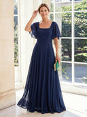 A Line Square Neck Chiffon Short Sleeves Long Mother of the Bride Dresses
