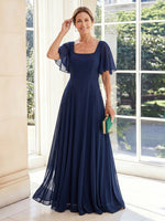 A Line Square Neck Chiffon Short Sleeves Long Mother of the Bride Dresses