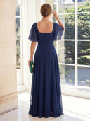 A Line Square Neck Chiffon Short Sleeves Long Mother of the Bride Dresses