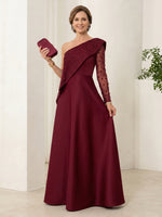 One Shoulder Satin A Line Long Sleeves Long Mother of the Bride Dresses