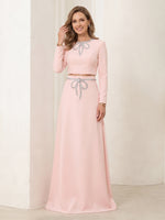 Satin Boat Neck A Line Long Sleeves Long Mother of the Bride Dresses