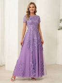A Line Chiffon Boat Neck Short Sleeves Long Mother of the Bride Dresses