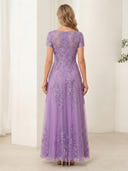 A Line Chiffon Boat Neck Short Sleeves Long Mother of the Bride Dresses