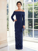 Sheath Satin Off the Shoulder Long Sleeves Long Mother of the Bride Dresses