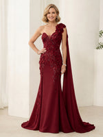 Satin Mermaid One Shoulder Long Mother of the Bride Dresses with Flowers